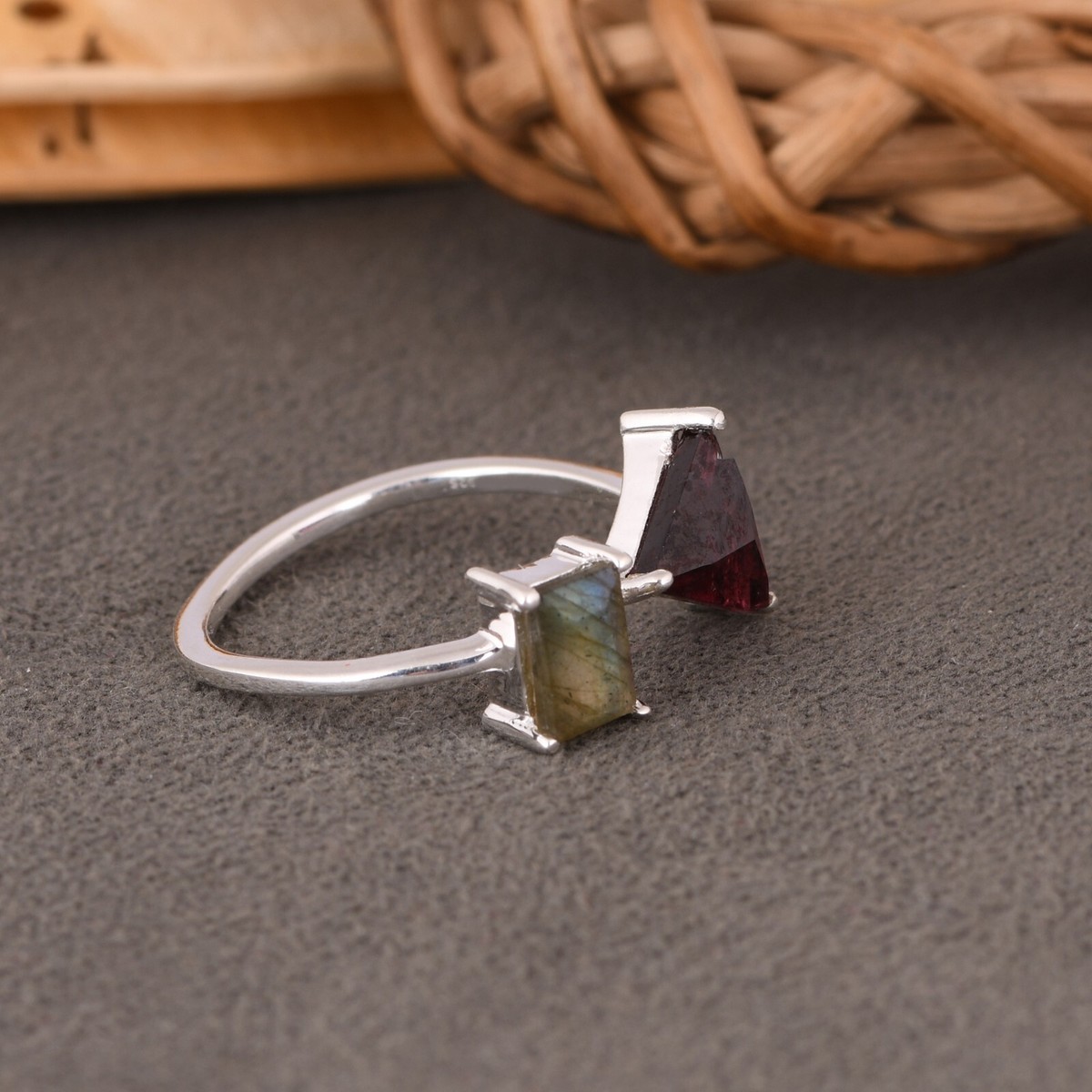 Silver 2 Different Shape Stone Ring Red Garnet & Labradorite Open