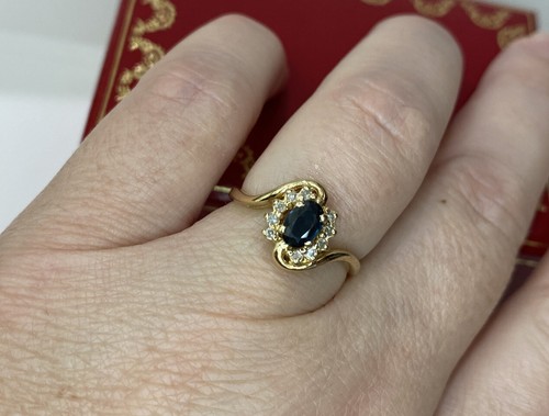 ๐ 14k Yellow Gold Blue Sapphire Diamond Halo Cluster Vintage Wedding 585 Ring 7 - Picture 7 of 7