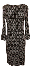 TORY BURCH 100% Silk Long Sleeve Boat Neck Black White Logo Print Sheath Dress M