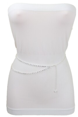 Women Silver Metal Chain Wave High Waist Belt Rhinestones Adjustable Size XS S M Women Silver Metal Chain Wave High Waist Belt Rhinestones  main image 3
