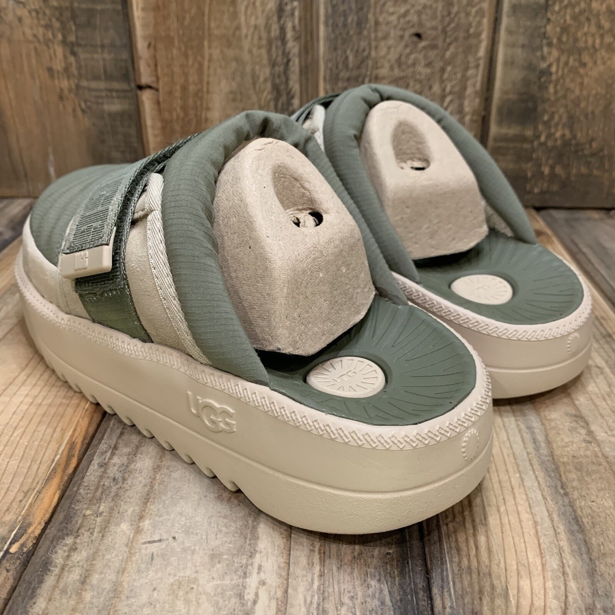 UGG MAXXER STRAP SLIDE MOSS GREEN RIPSTOP SUEDE TERRY WOOL 