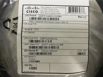 LOT OF 3 - Cisco QSFP-H40G-CU3M C0 QSFP+ 40GBASE-CR4 Passive Copper Cable 3M