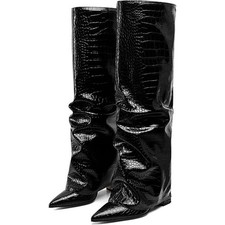 Synchoiss Womens 6 Black 4" Heel Knee High Boots Faux Leather Foldover Shoes