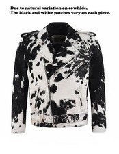 Men's Genuine Cowhide Leather Biker Jacket Black White Hair On Hide Moto Coat