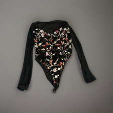 Black Floral Embroidered Sheer Long Sleeve Bodysuit Sz L