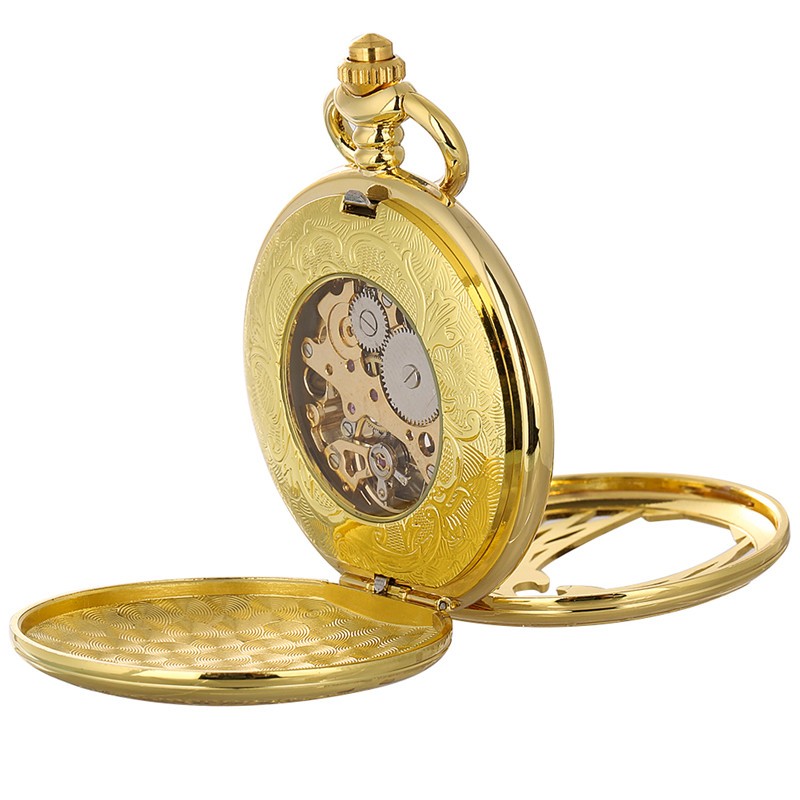 Mens Pocket Watch Mechanical Double Hunter Skeleton Short Chain Christmas Gifts