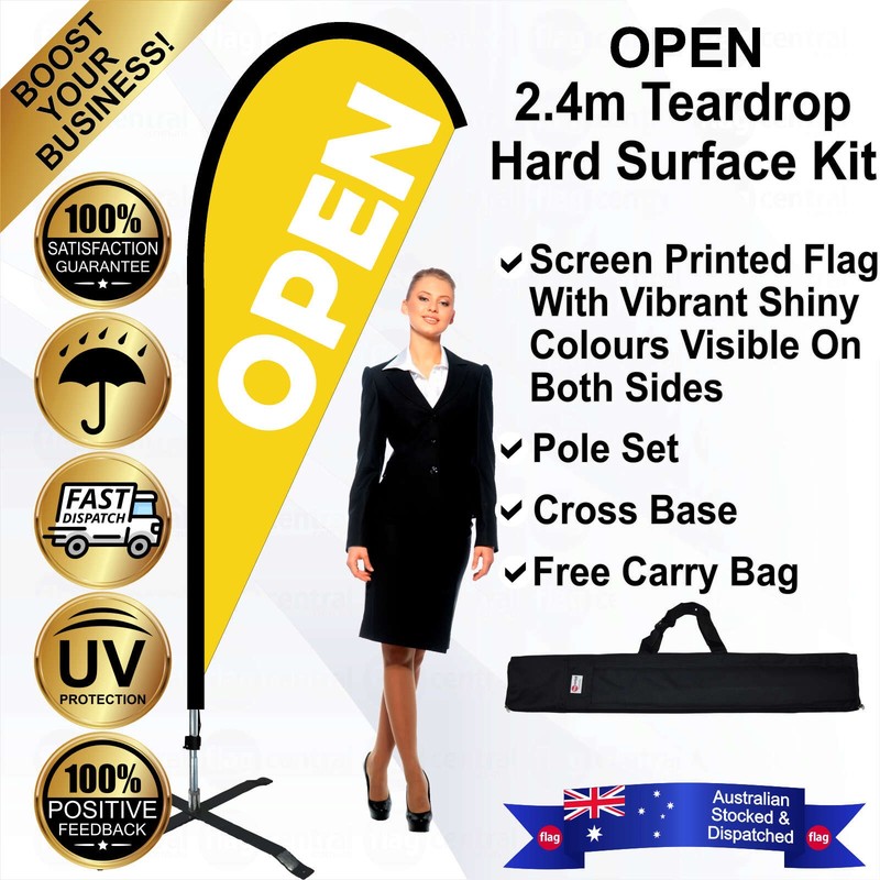 K - OPEN Yellow 2.4m Teardrop Flag / Banner Kit with Pole Set, Steel Outdoor Cross Base and a Free Carry Bag - 1