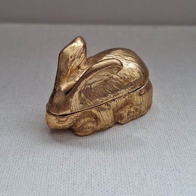 Vintage Gold-Tone Metal Bunny Rabbit Trinket Box Lift Off Lid Miniature Figurine