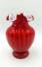 Vintage 1962 Fenton Plated Red Amberina Ruffled Stripe White Cased Glass Vase