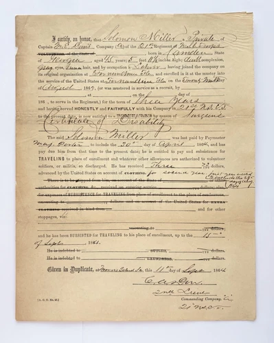 1864 Civil War Discharge Document - 21st Colored Troops - Fernandina FL