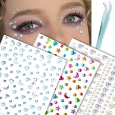 3 Sheets Self Adhesive Face Gems Rhinestone Stickers Multicolor Hearts Moons