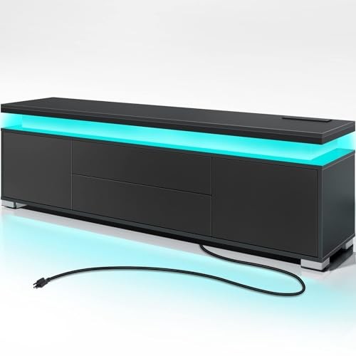 With Power Outlet & Led Lights, Modern Entertainment Center 