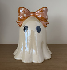 Ceramic Halloween Ghost Figurine White w/ Orange Polka Dot Bow, Glossy