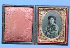 Antique Tintype Photo Beautiful Woman 3in Leather Case Civil War Era 1800s Image