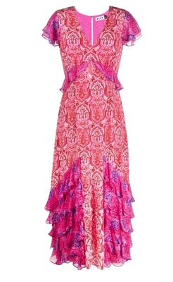 rixo thanvi silk midi dress Rent Thanvi Dress in Woodblock Pink Mix - RIXO