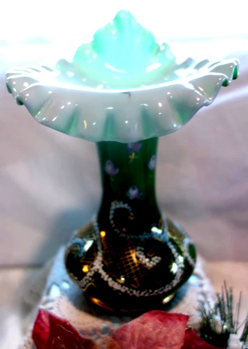 FENTON"MINTY~1950s"SRC"CHARLETON ROSES"IVY GREEN OVERLAY"7.5"JIP~VTG GLASS VASE