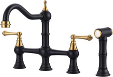 Brass Bridge Kitchen Faucet 4 Hole with Side Sprayer, Black Gold 2 Handle 8 In