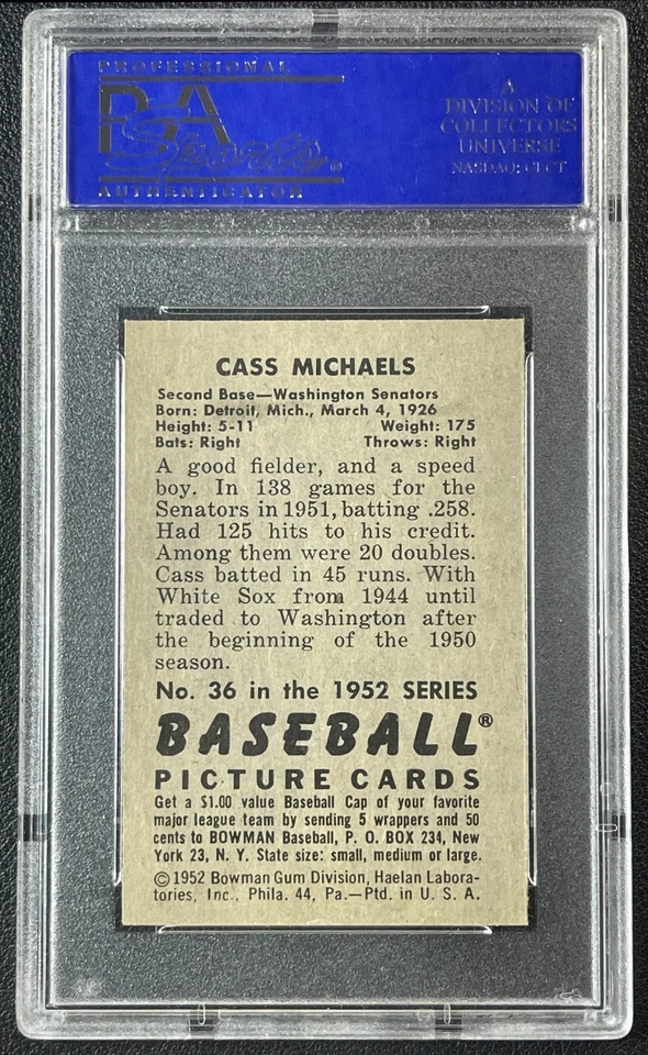 CASS MICHAELS PSA 8 1952 BOWMAN BASEBALL #36 SENATORS 1226 - Image 2 of 2