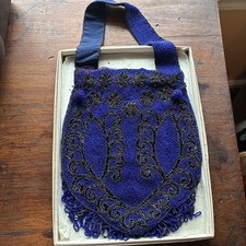 Vintage 1920S Art Deco blue beaded Purse Beading Fringe Belgium FH CO