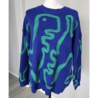 Threaded Leaf Dinosaur Oversized Baggy Abstract Soft Knit Blue Sweater Size XS