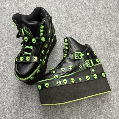 YRU Boots Womens 7 Black Green Leather Platform Bondage Alien Cyber Goth Y2K