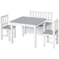 HOMCOM Set Tavolo per Bambini con 2 Sedie e Cassapanca in Legno Bianco e Grigio