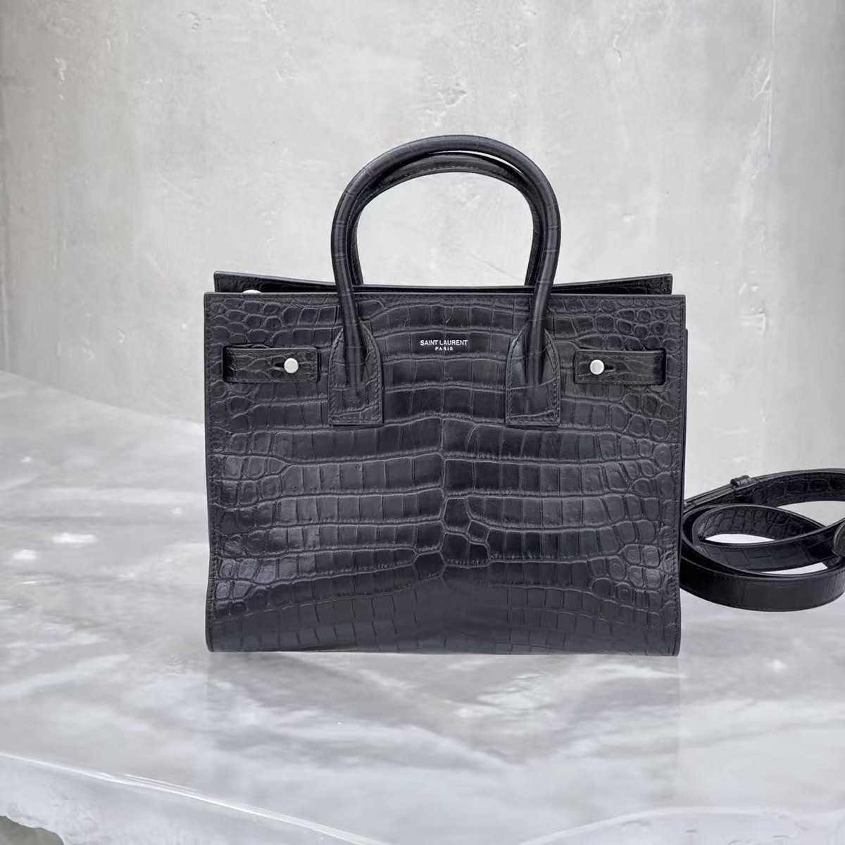 Saint Laurent Sac de Jour Small Black Croc Embossed Leather Tote