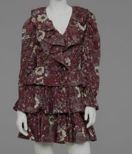 $445 Ulla Johnson Women's Red Ruffled V-Neck Long Sleeve Mini Dress Size 8