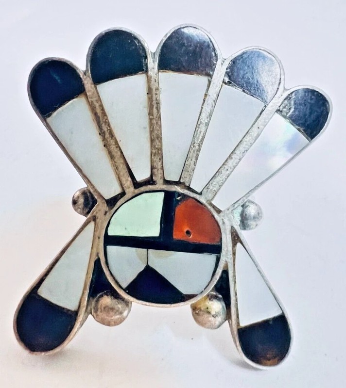 ZUNI SUNFACE CHIEF STERLING SILVER RING WITH STONE INLAY 1.5/8"- Size 5.5