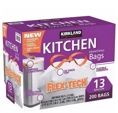 Kirkland Signature Flex-Tech 13 Gallon Kitchen Trash Garbage Bags 200-count