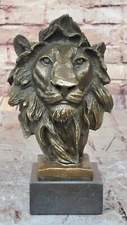 Lion Head Bronze Metal Bust Sculpture Statue Decor on Marble Base African Animal