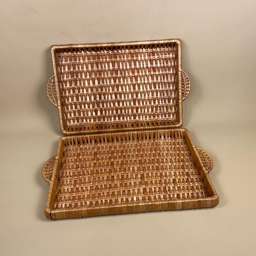 Pair Of Vintage Wicker Display Trays Tray Rectangle Brown Woven Rattan Boho - Picture 3 of 10
