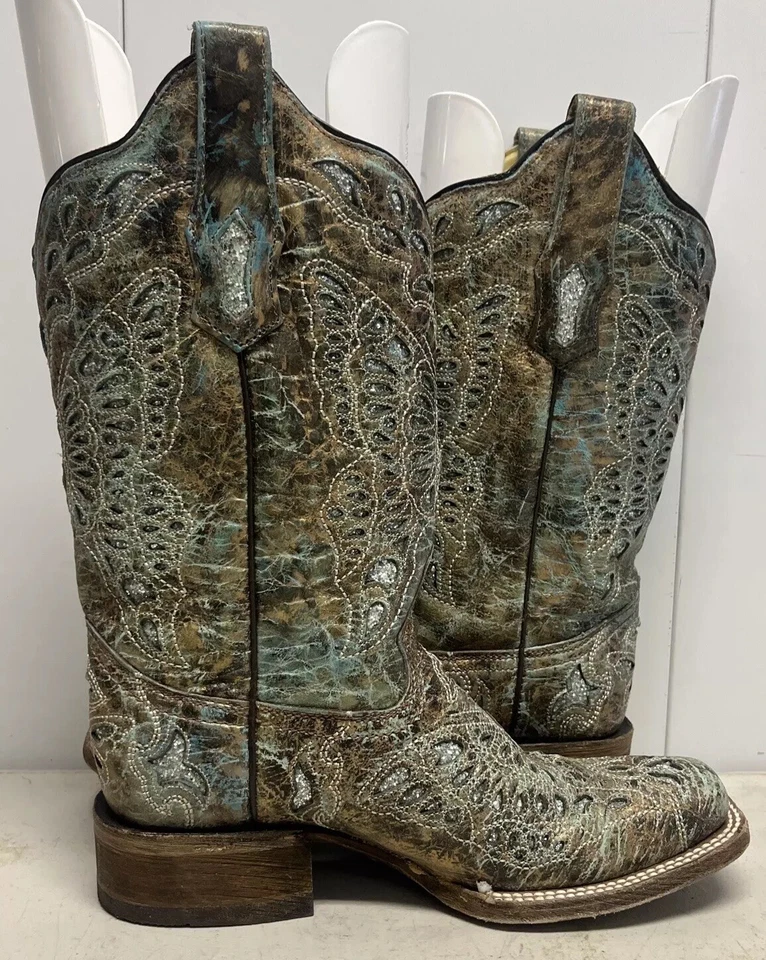 Corral boots 8.5 M Square Toe Women's bronze/turquoise glitter inlay style A2955 - Image 2 of 4