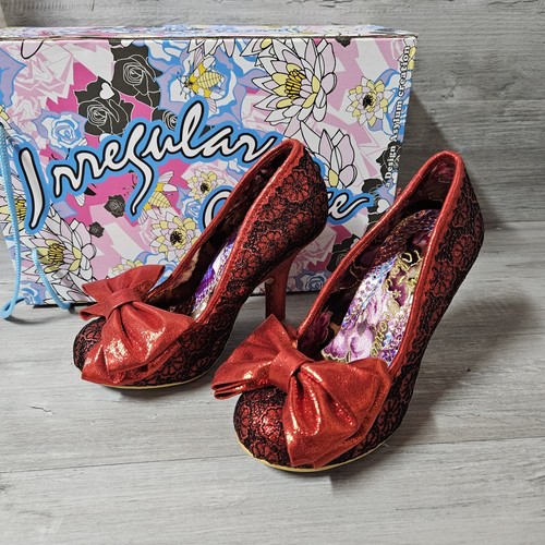 Irregular Choice Red Metallic Mal E Bow Heels Shoes UK Size 3 EU 36 Red Lace NEW - Picture 1 of 12