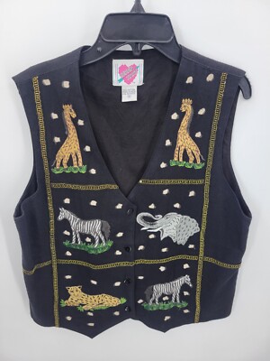 Vintage Keren Hart Vest Womens Medium Black Embroidered Animals Safari Artsy