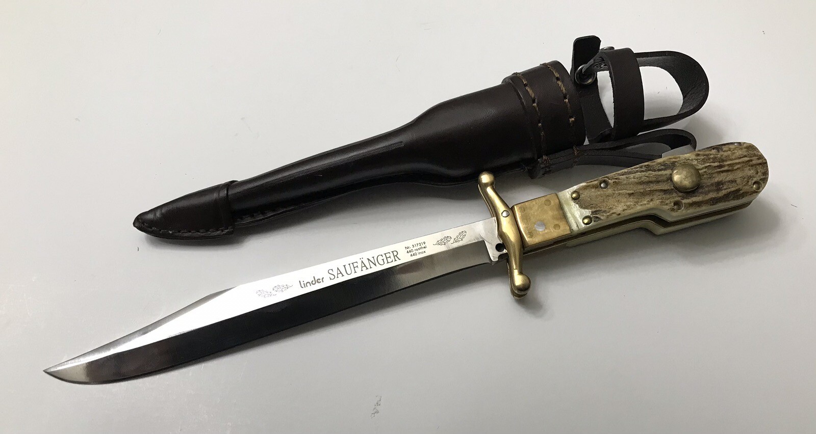 LINDER Solingen Saufanger Stag Folding Hunting Bowie Knife w/ Sheath