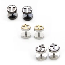 Fake Ear Plug Faux Cheater Illusion Earrings with Anchor Design 16G