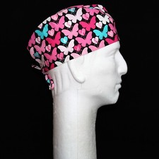 Breast Cancer Awareness Pink Ribbon Butterfly Theme on Black Scrub Hat
