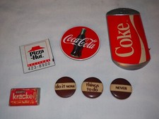 Lot of 7 Vintage Refrigerator Magnets - Coke, Krackle, Pizza Hut ,buttons