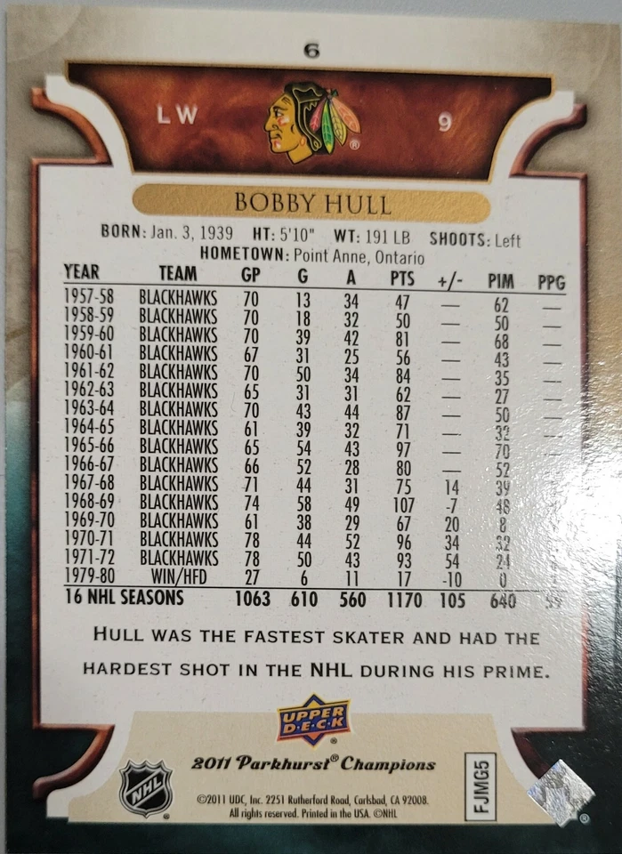 2011 Parkhurst Champions Bobby Hull Blackhawks Auto Autographed Signed Card - Image 2 of 2