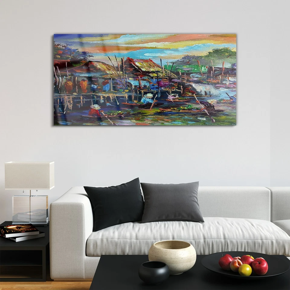 Glasbilder Wandbild Druck auf Glas 120x60 Foto Bild Flusslandschaft Dorf Wasser - Bild 2 von 4