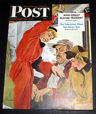 1949 JAN 22, OLD SATURDAY EVENING POST MAGAZINE COVER (ONLY) HUGHES ART WORK!