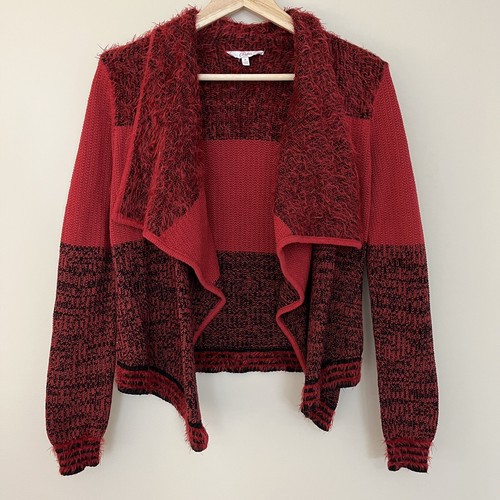Candies Womens Junior Red & Black Waterfall Fuzzy Open an Sweater Size