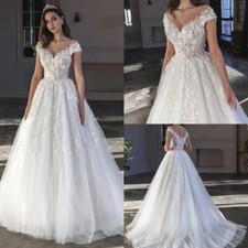 Luxury A-Line Wedding Dresses V-Neck Short Sleeves Lace 3D Flowers Bridal Gowns