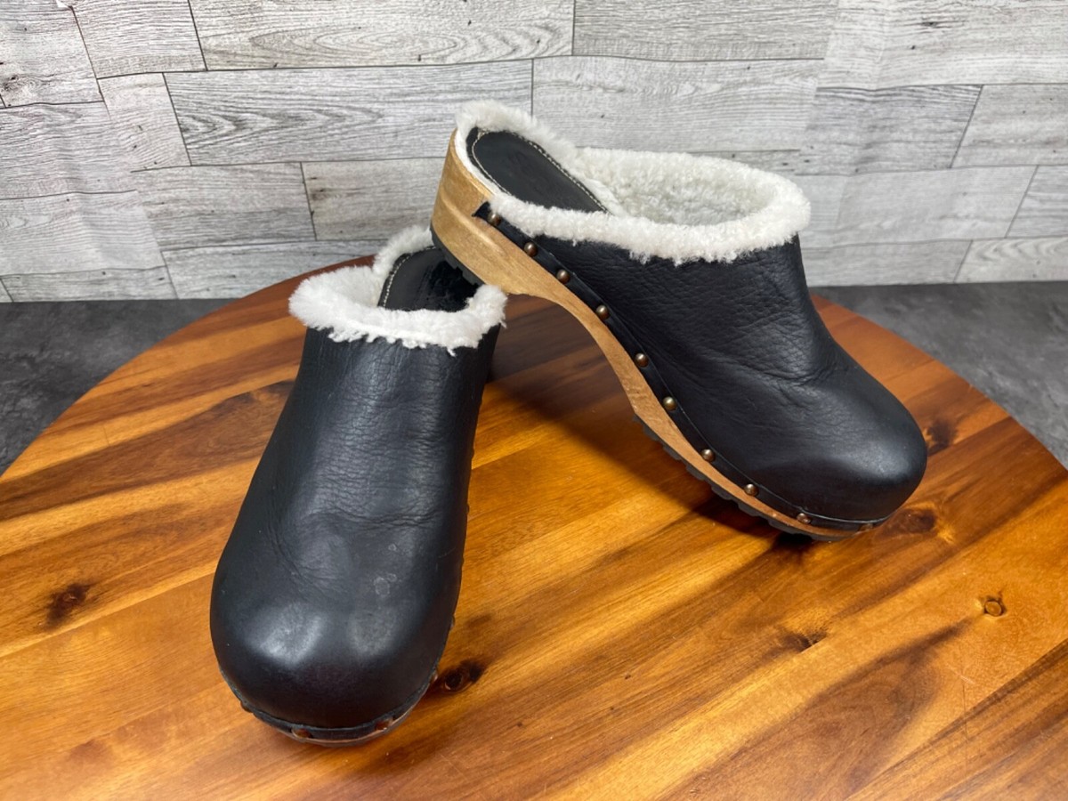 Sanita Clogs Women 9.5M Hese Shoes Black Leather SlipOn Wood 