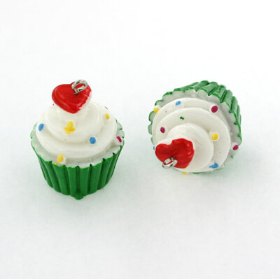 4 Cupcake Charms 3D Resin With Silver Tone Loop - Green and White - K127 NEW2