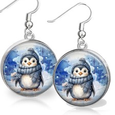 Cozy Up Winter Baby Penguin Gift Earrings Watercolor Art Print Artisan
