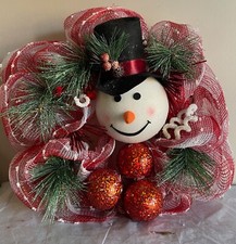 Holiday Time Mesh Snowman Red White Snowman Wreath 20" Foam Back
