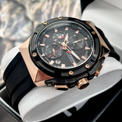 CURREN Men's Chronograph Watch Black Silicone Strap Quartz 3ATM