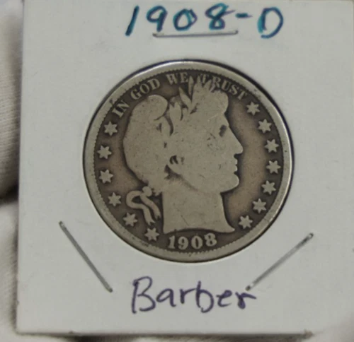 1908 D US Barber Silver Half 50c VG (Cleaned)